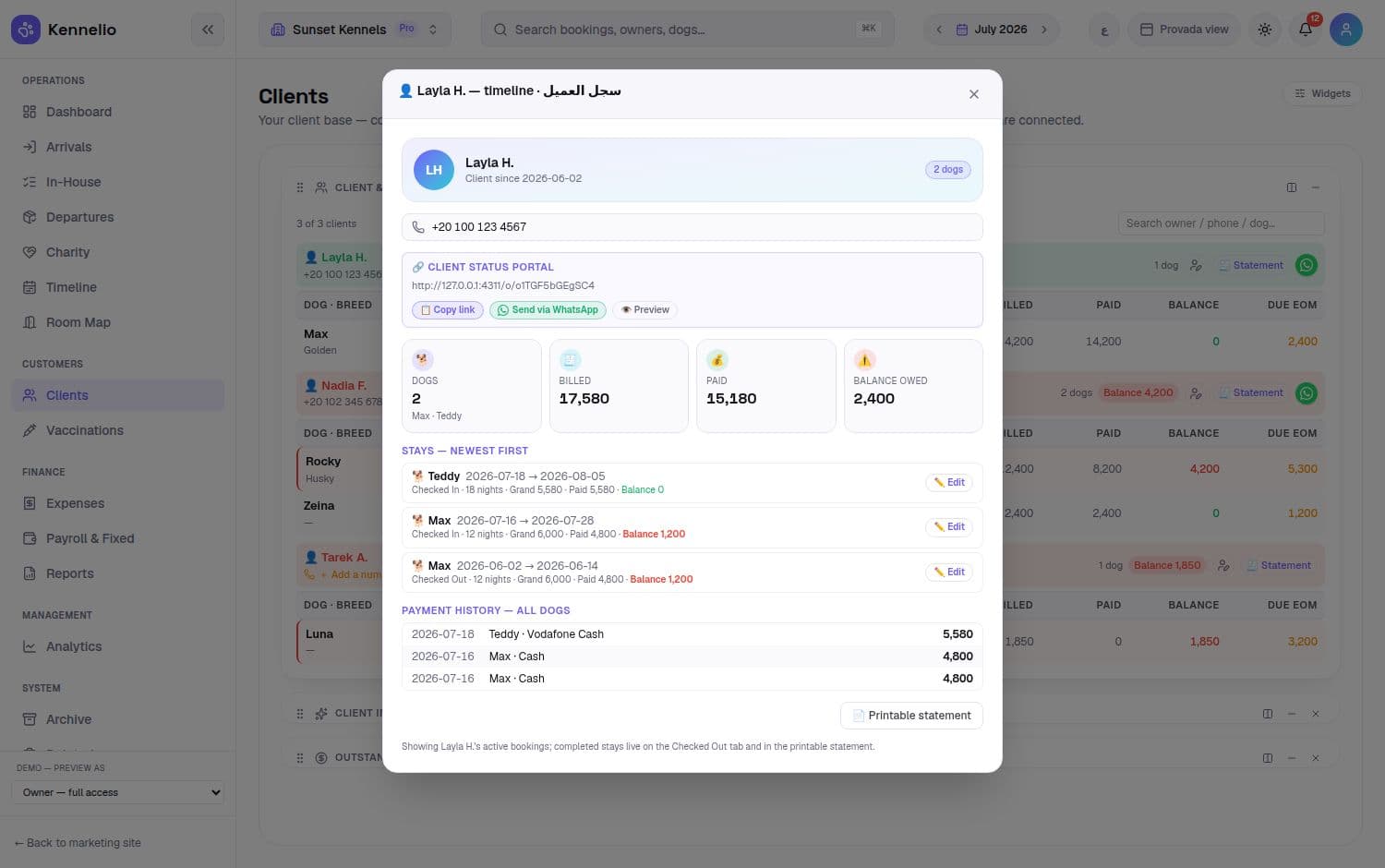A client's whole account — every stay, every payment, their own status link