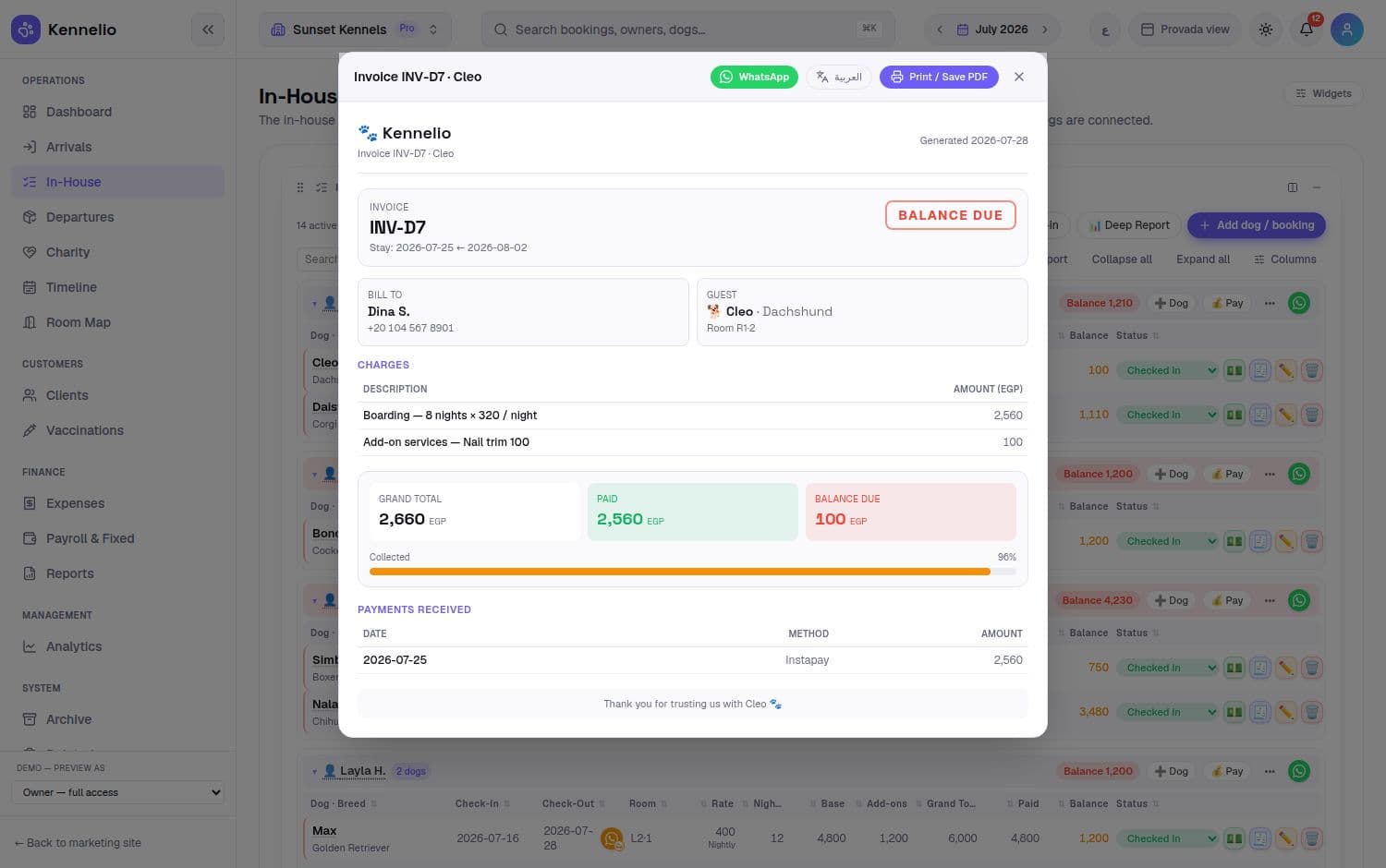 A real invoice — bilingual, VAT-ready, print or send on WhatsApp